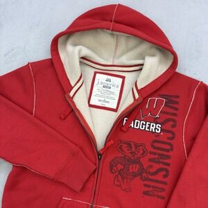 J America Hoodie Mens Medium Red Thermal Waffle Knit Sherpa Wisconsin Badgers